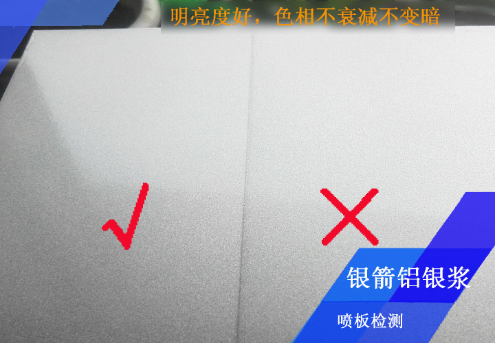 鋁型材應用噴板檢測證明，銀箭鋁銀漿明亮度好，色相耐烘烤不衰減不變暗